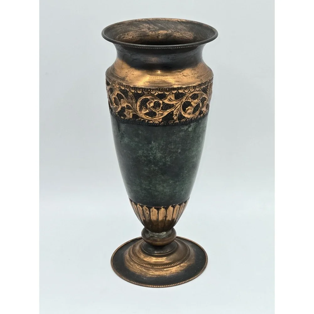 Hammered Copper Vase Israel Patina Finish Ornate Band Mid Century Decorative Urn